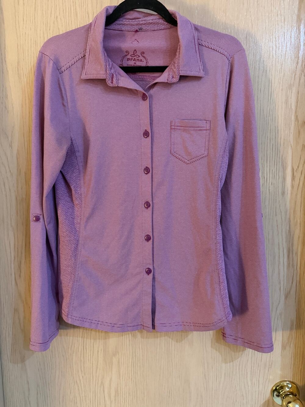 prAna Kinley Women’s M Vivid Viola Striped Button Front Outdoor Shirt